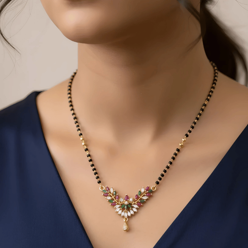 One Gram Gold Multicolour CZ Floral Mangalsutra