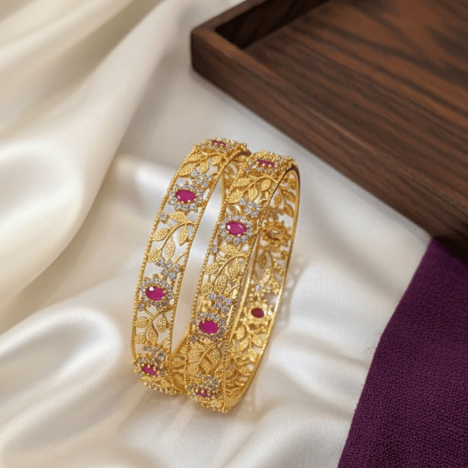 One Gram Gold Ruby Floral Bangles