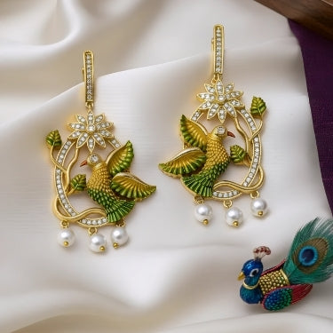 CZ Peacock Pendant Necklace Set with Earrings | Gold Tone