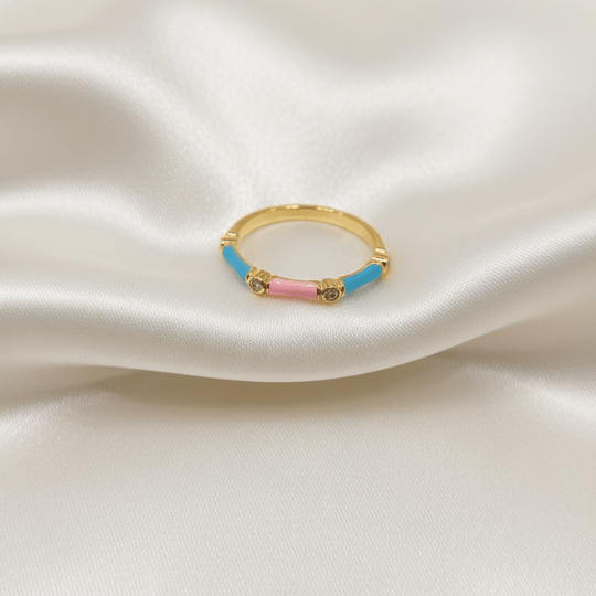 Blue Pink Dual Tone Enamel CZ Band Ring