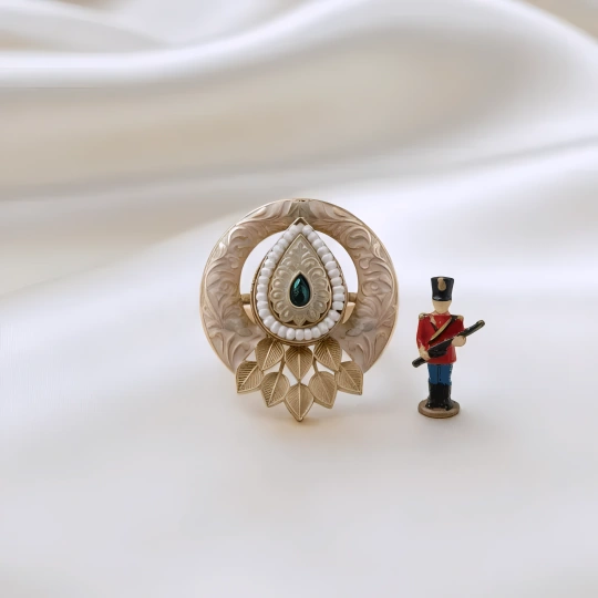 Rajwadi Open Crescent Disc Ring with Carved Ivory Enamel, Pearl Teardrop & Gold Leaf Fan
