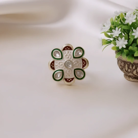 Rajwadi Kundan Floral Ring with Green Enamel & Maroon Petals
