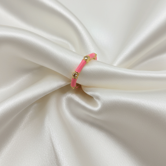 Pink Enamel CZ Bead Band Ring