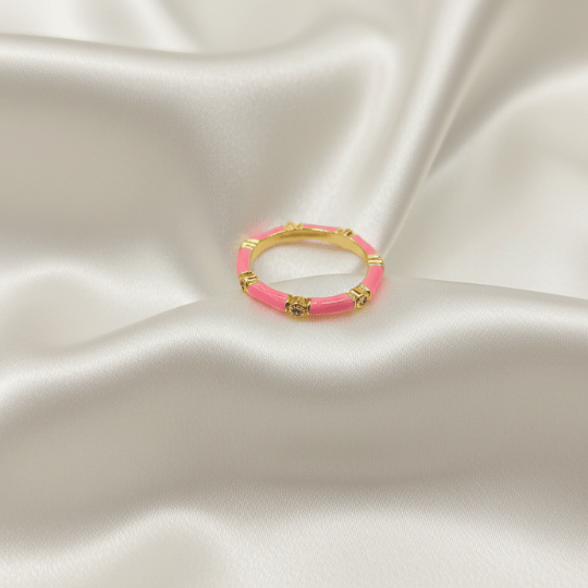 Pink Enamel CZ Bead Band Ring