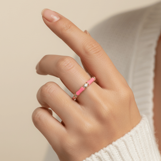 Pink Enamel CZ Bead Band Ring
