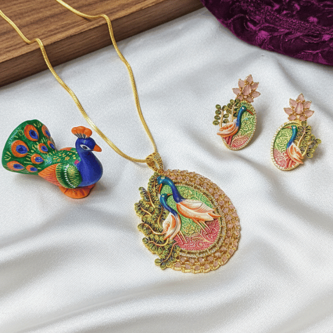 Meenakari Peacock Pendant Set with Earrings