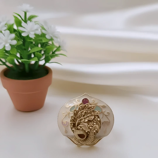 Rajwadi Dancing Peacock Ring on Mother of Pearl with Ruby Crown