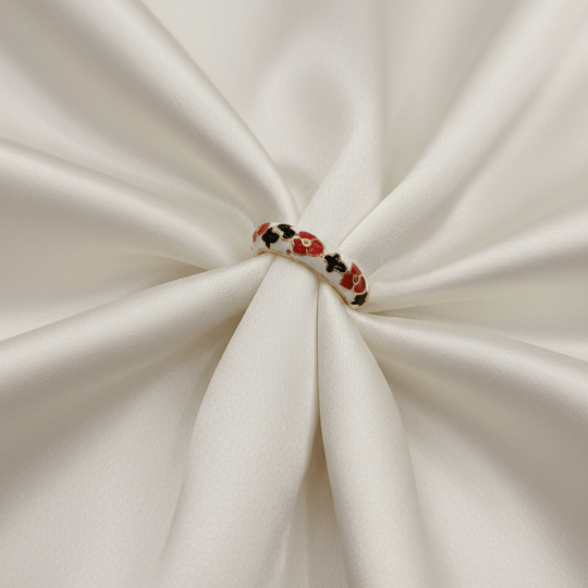 White Enamel Red Black Clover Band Ring