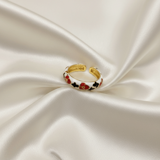 White Enamel Red Black Clover Band Ring