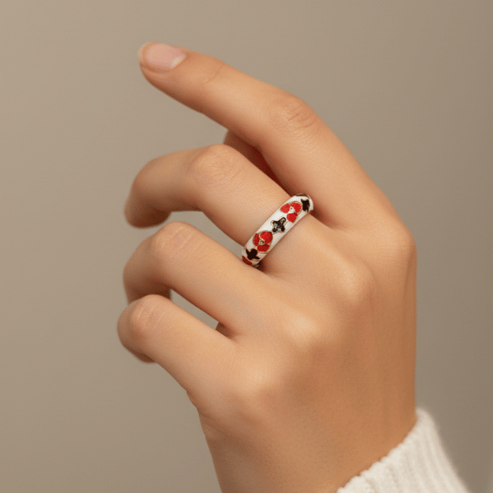 White Enamel Red Black Clover Band Ring