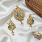 Meenakari Peacock CZ Chain Pendant Set with Earrings – Multicolour & Pearl
