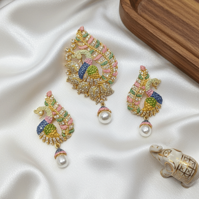 Meenakari Peacock CZ Chain Pendant Set with Earrings – Multicolour & Pearl