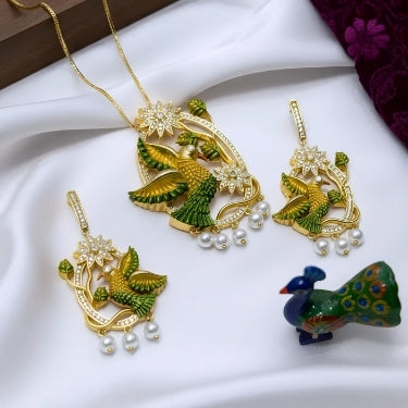 CZ Peacock Pendant Necklace Set with Earrings | Gold Tone