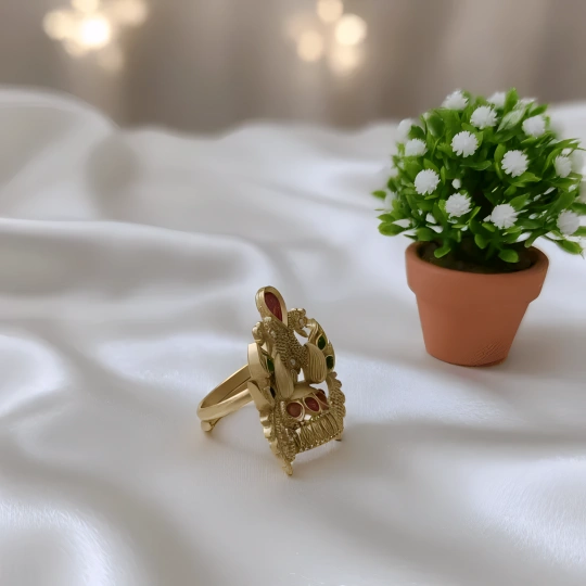 Rajwadi Temple Twin Peacock Ring with Ruby Crown, Emerald Wings & Lotus Base