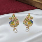 Meenakari Peacock CZ Chain Pendant Set with Earrings – Multicolour & Pearl