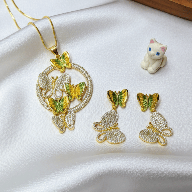 CZ Butterfly Chain Pendant Set with Earrings