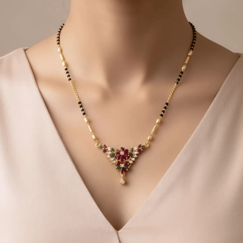 1 Gram Gold Floral  CZ Mangalsutra