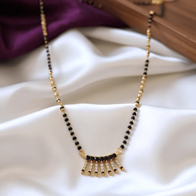 One Gram Gold Black Bead Mangalsutra with CZ Pendant
