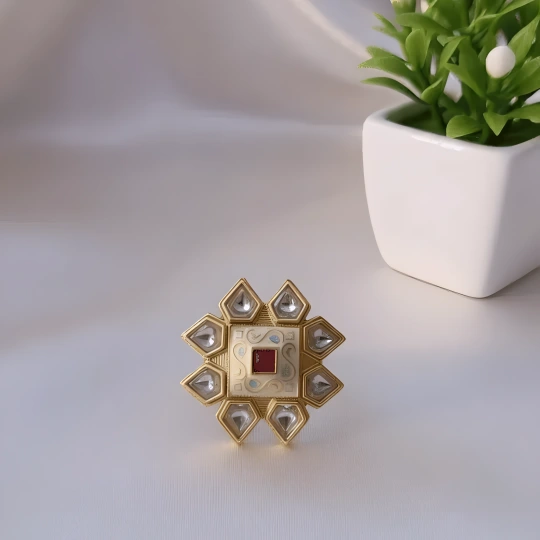 Rajwadi Geometric Polki Star Ring with Ruby Square Centre