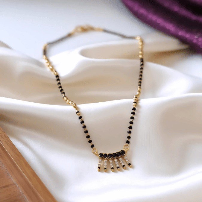 One Gram Gold Black Bead Mangalsutra with CZ Pendant