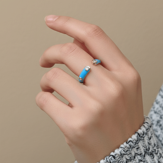 Sky Blue Enamel CZ Dot Open Band Ring