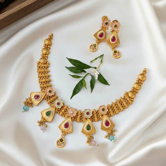 Rajwadi Antique Gold Triangle Drop Necklace Set