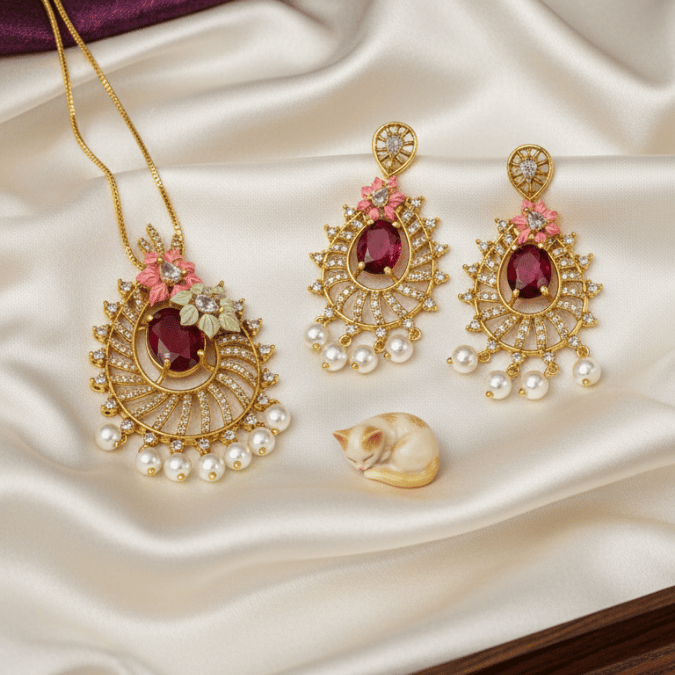 CZ  Pendant Set with Earrings with Pearl
