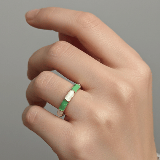 Mint Green White Enamel Segment Open Band Ring