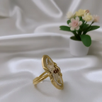 Rajwadi Oval Mughal Cartouche Ring with Sunburst, Pearl Halo & Meenakari Cross