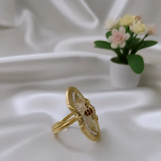 Rajwadi Oval Mughal Cartouche Ring with Sunburst, Pearl Halo & Meenakari Cross