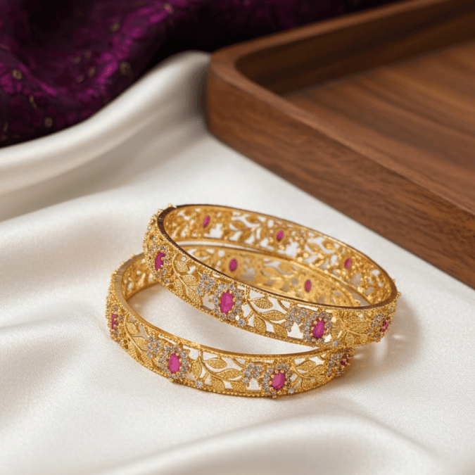One Gram Gold Ruby Floral Bangles