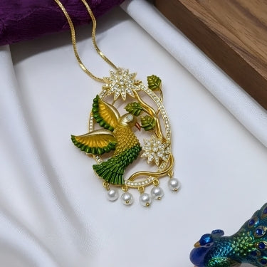 CZ Peacock Pendant Necklace Set with Earrings | Gold Tone