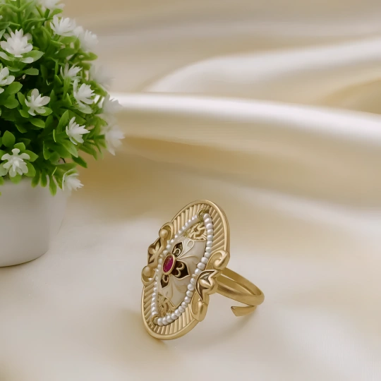 Rajwadi Oval Mughal Cartouche Ring with Sunburst, Pearl Halo & Meenakari Cross