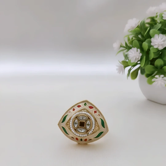 Rajwadi Mughal Shield Ring with Kundan, Red & Green Enamel
