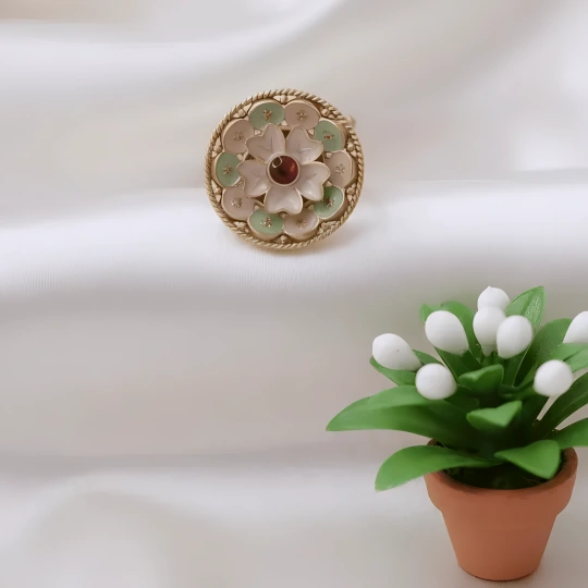Rajwadi Layered Lotus Ring with Jade Petals, Twisted Rope Border & Ruby Centre