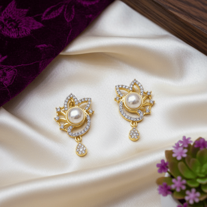 Pearl & CZ Chain Pendant Set with Earrings