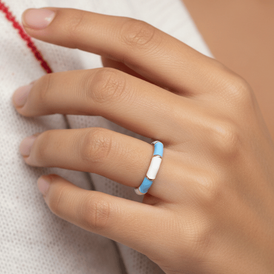 Sky Blue White Enamel Segment Open Band Ring