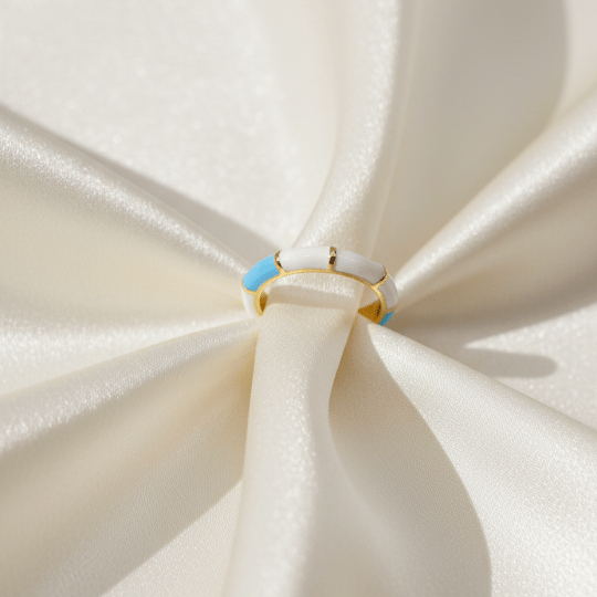 Sky Blue White Enamel Segment Open Band Ring