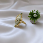 Rajwadi Jade Green Enamel Marquise Ring with Filigree Border & Emerald Drops