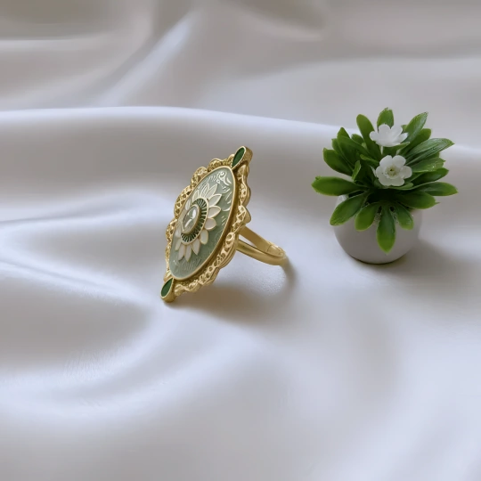 Rajwadi Jade Green Enamel Marquise Ring with Filigree Border & Emerald Drops