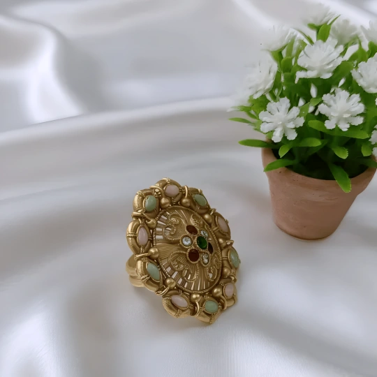 Rajwadi Oval Marquise Ring with Moonstone Cabochons & Open Filigree Scrollwork