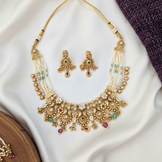 Rajwadi Pearl & Polki Necklace Set with Earrings
