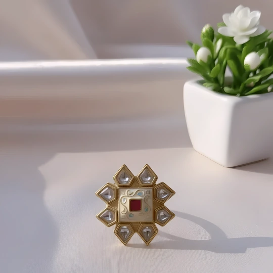 Rajwadi Geometric Polki Star Ring with Ruby Square Centre