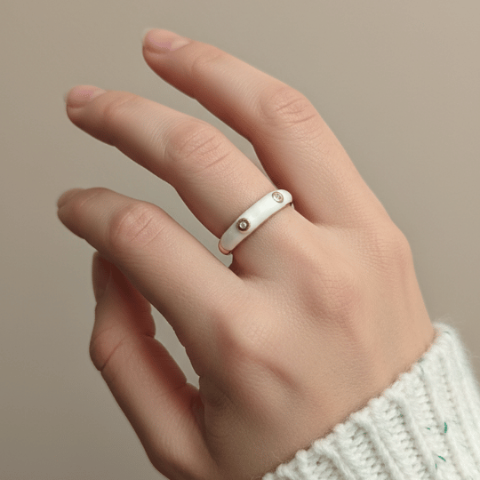 White Enamel CZ Bezel Band Ring