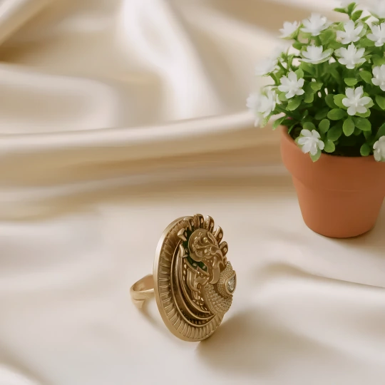 Rajwadi Temple Peacock Disc Ring with Meenakari Feathers & Polki Teardrop