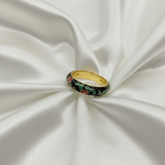 Black Enamel Floral Green Vine Dome Band Ring