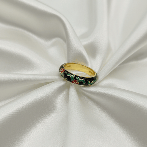 Black Enamel Floral Green Vine Dome Band Ring