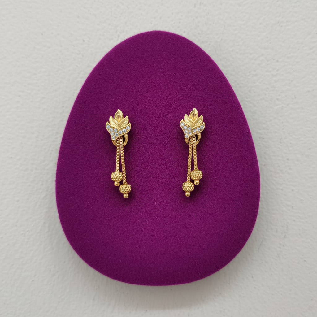 Gold-Tone Lotus Stud Earrings with CZ Accents & Dual Chain Drop