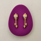 Gold-Tone Lotus Stud Earrings with CZ Accents & Dual Chain Drop