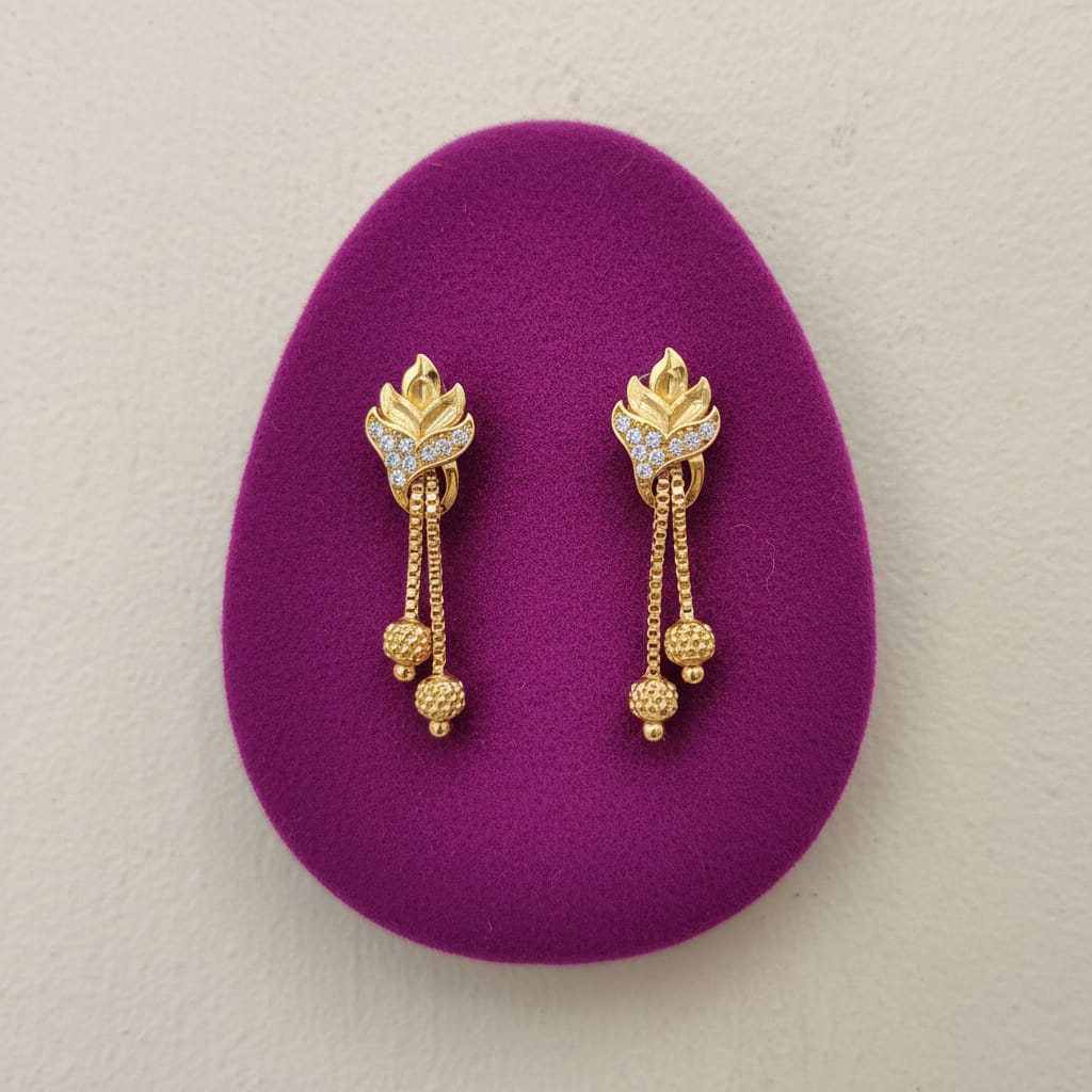 Gold-Tone Lotus Stud Earrings with CZ Accents & Dual Chain Drop